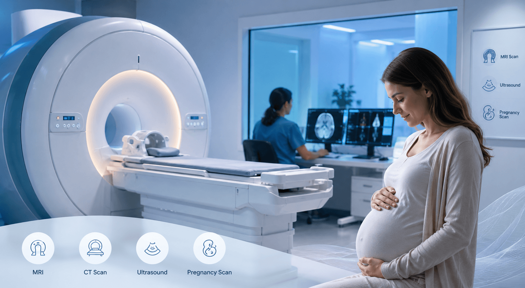 A patient preparing for an MRI scan with a technician monitoring the results